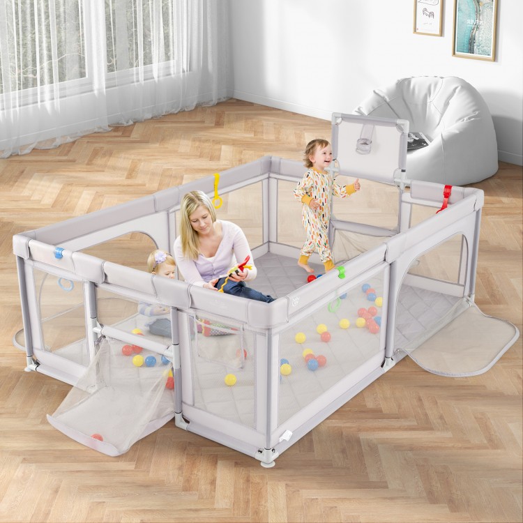 Extra large light gray playpen with basketball hoop, soft foam mat, and mesh sides for babies and toddlers' playtime.