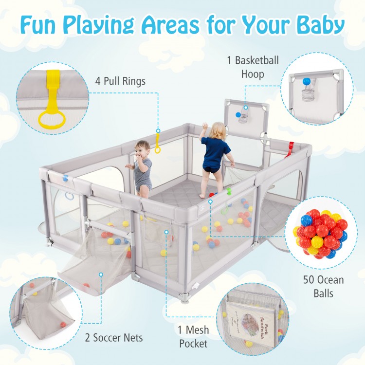 Extra large light gray playpen with basketball hoop, soccer nets, and 50 ocean balls for safe baby playtime.