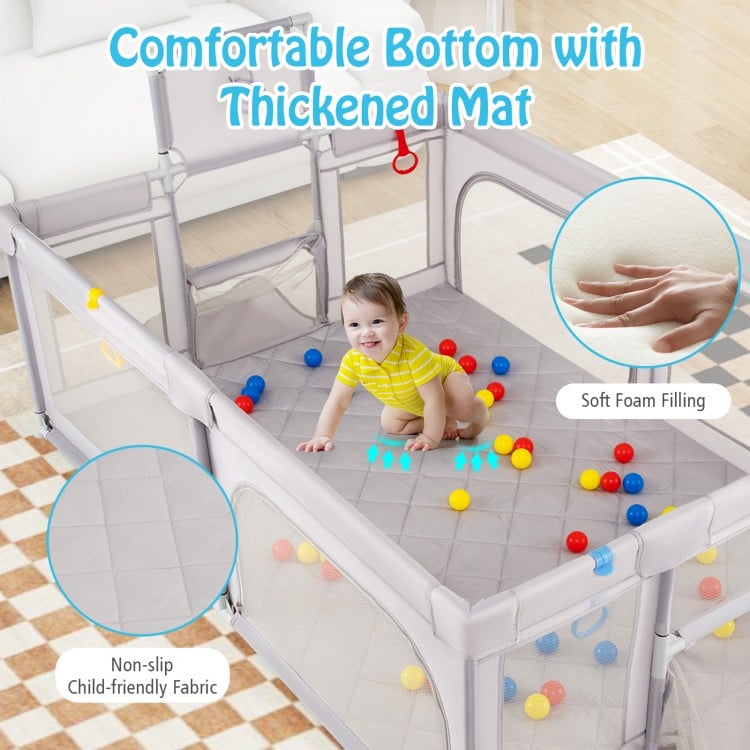 Extra large light gray playpen with thickened soft foam mat, basketball hoop, and ocean balls for safe baby play.
