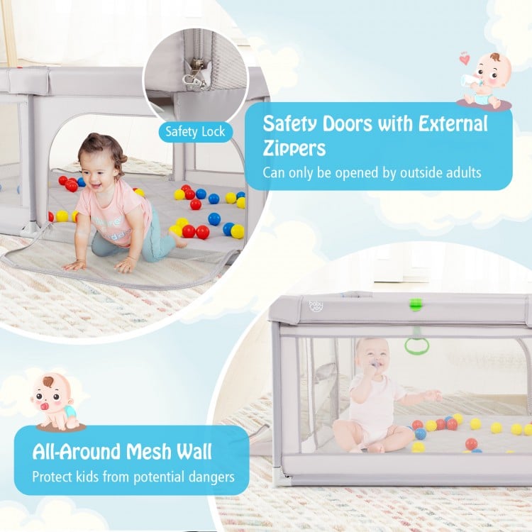Extra large light gray playpen with basketball hoop, mesh walls, and safety zippers for secure playtime.