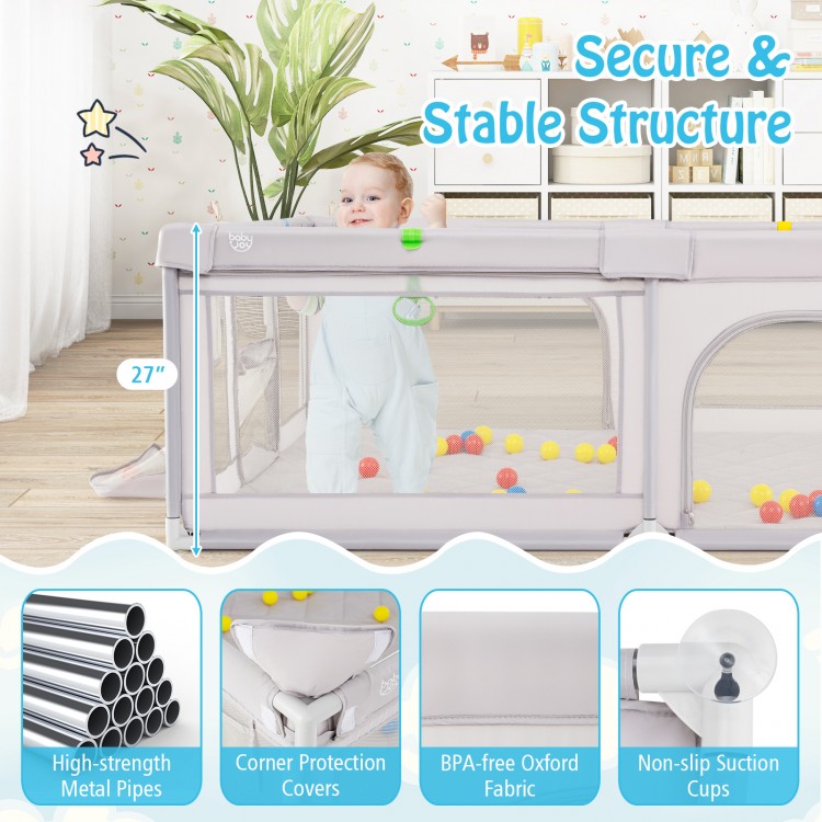 Extra large light gray playpen with basketball hoop, sturdy metal frame, and padded floor mat for babies and toddlers.