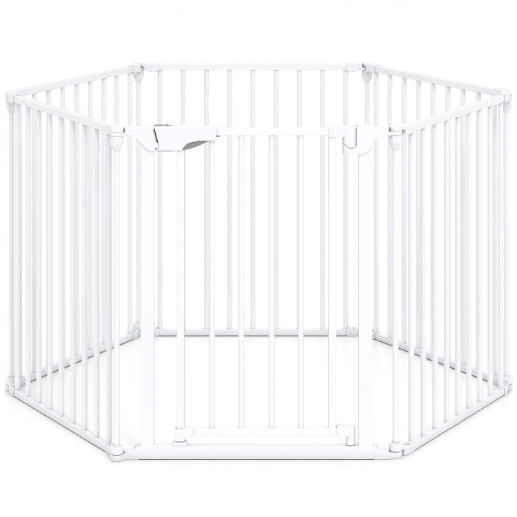 6-panel adjustable baby gate in white, expands 34.5-154", features double locking system for safety and versatile use.