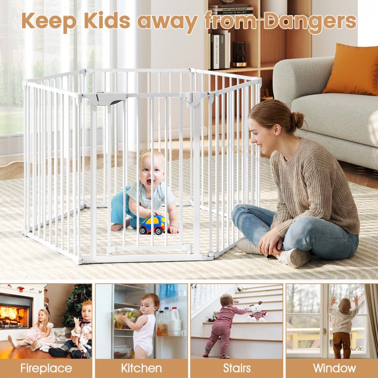 Extra wide 6-panel baby gate in white, adjustable from 34.5-154", keeping kids safe from dangers like stairs and.