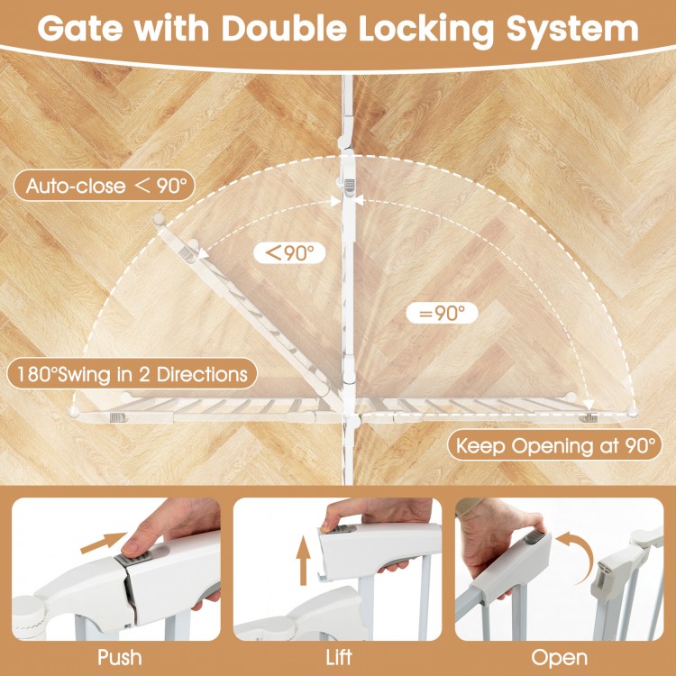 Extra wide 6-panel baby gate in white with double locking system, adjustable for openings 34.5-154", ideal for safety.
