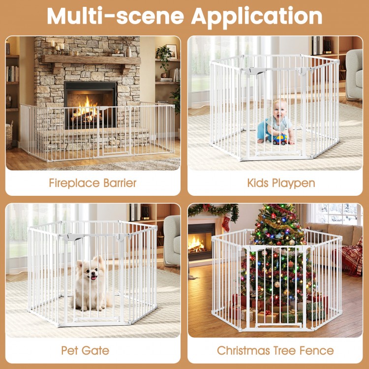 6-panel adjustable baby gate in white, expands 34.5-154", used as a playpen, pet gate, or fireplace barrier.