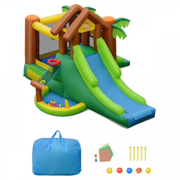Kids inflatable jungle bounce house with slides, climbing wall, and safety nets for outdoor fun and active play.