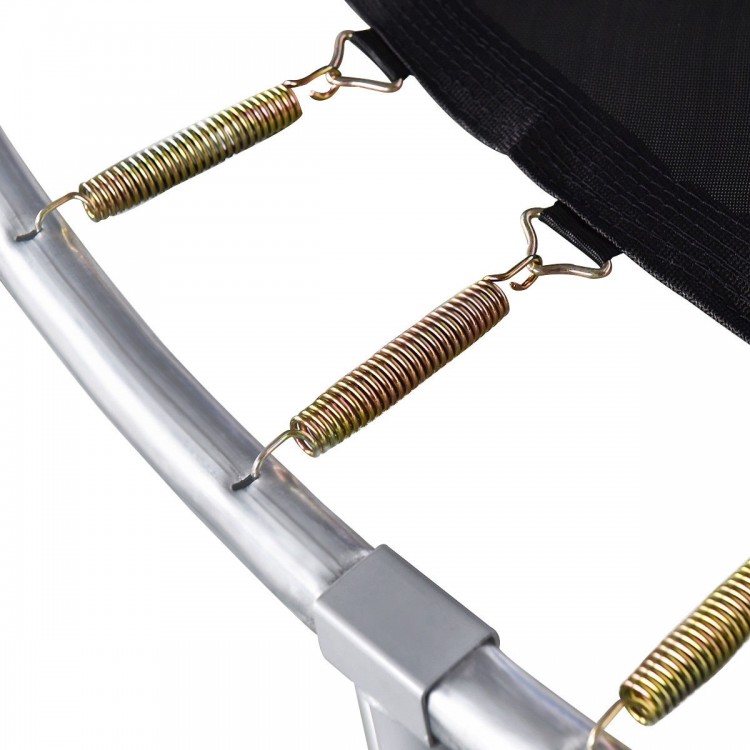 Close-up of trampoline springs and frame, featuring durable galvanized steel for safety and stability.