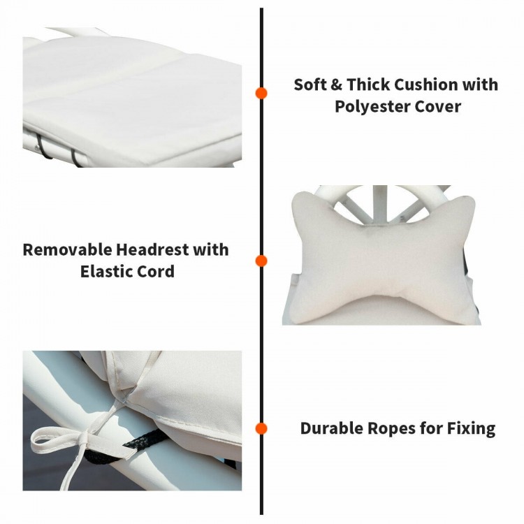 Soft cushion and removable headrest of the beige patio hanging swing lounger with durable fixing ropes for outdoor.