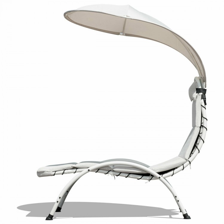 Chaise lounge chair with wide canopy in beige, featuring a sturdy steel frame and soft cushions, perfect for outdoor.