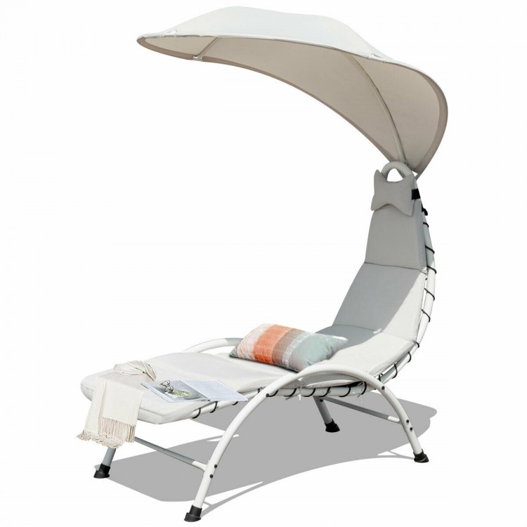 Chaise lounge with wide canopy in beige, featuring a sturdy steel frame and soft cushion, perfect for outdoor.