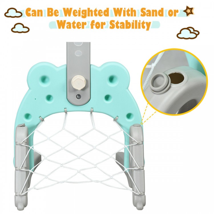 Adjustable kids' 3-in-1 basketball hoop stand with animal-shaped backboard, fillable base for stability, perfect for.