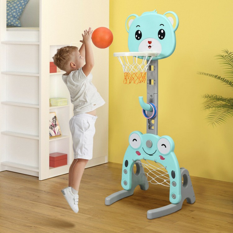Adjustable kids' 3-in-1 basketball hoop set in cute animal design, promoting coordination and teamwork for outdoor play.