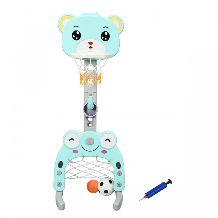 Cute animal-shaped adjustable kids' 3-in-1 basketball hoop set with basketball, football, and rings for active play.