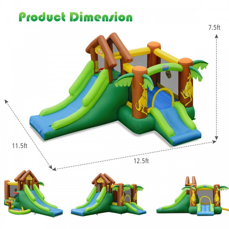 Kids inflatable jungle bounce house with slides and climbing wall, made of durable PVC fabric, ideal for outdoor fun.