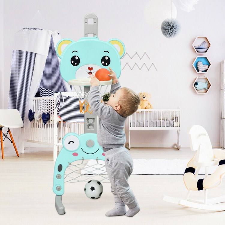 Adjustable kids' 3-in-1 basketball hoop set with cute animal design, ideal for developing coordination and social.