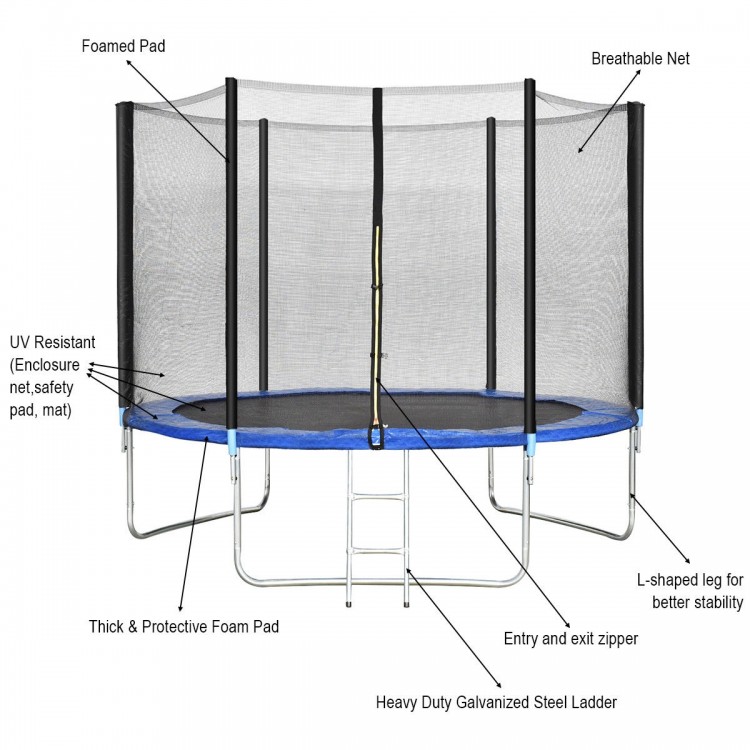 10 feet trampoline with safety net, foam pads, and galvanized steel ladder for secure outdoor fun and stability.