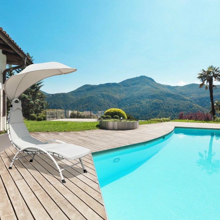 Chaise lounge with wide canopy in beige, featuring a sturdy steel frame, soft cushion, perfect for poolside relaxation.