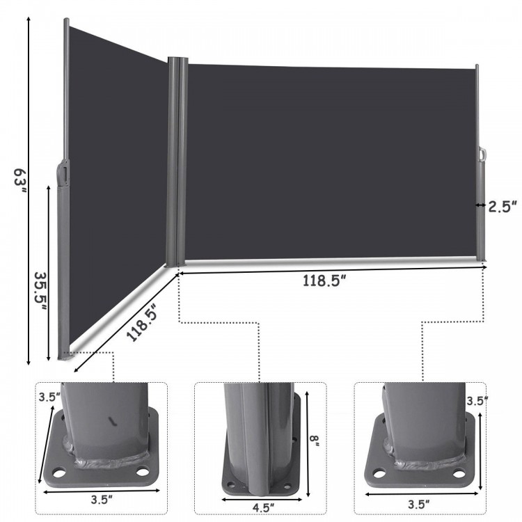 Patio retractable double folding side awning screen divider with aluminum frame and 280g/m² waterproof polyester fabric.