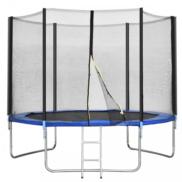 10-foot trampoline with safety net enclosure, sturdy galvanized steel frame, and ladder for outdoor family fun.