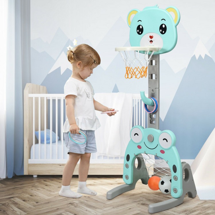 Adjustable kids 3-in-1 basketball hoop set with cute animal design, promoting coordination and teamwork for outdoor.