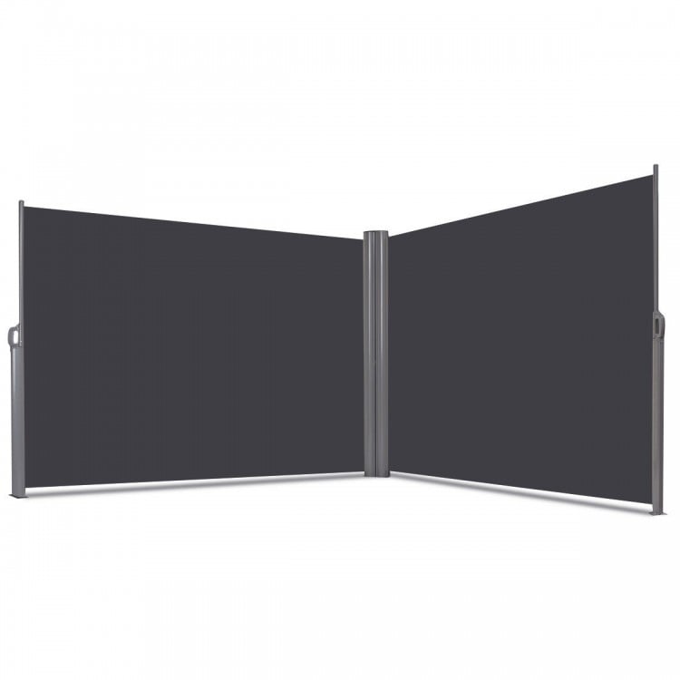 Patio retractable double folding side awning screen divider in gray, made of waterproof polyester and aluminum frame.