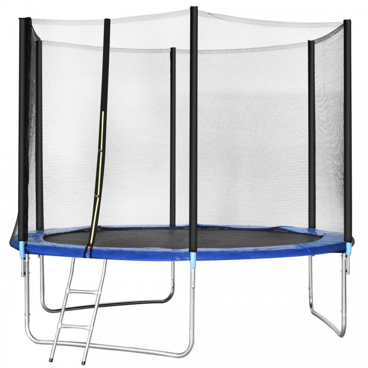 10 feet trampoline with safety net, ladder, and padded frame, designed for outdoor family fun and active play.
