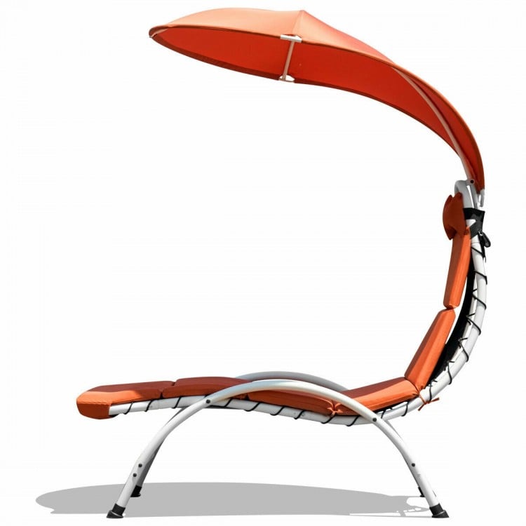 Orange patio hanging swing hammock chaise lounger chair with wide canopy for comfortable outdoor relaxation.