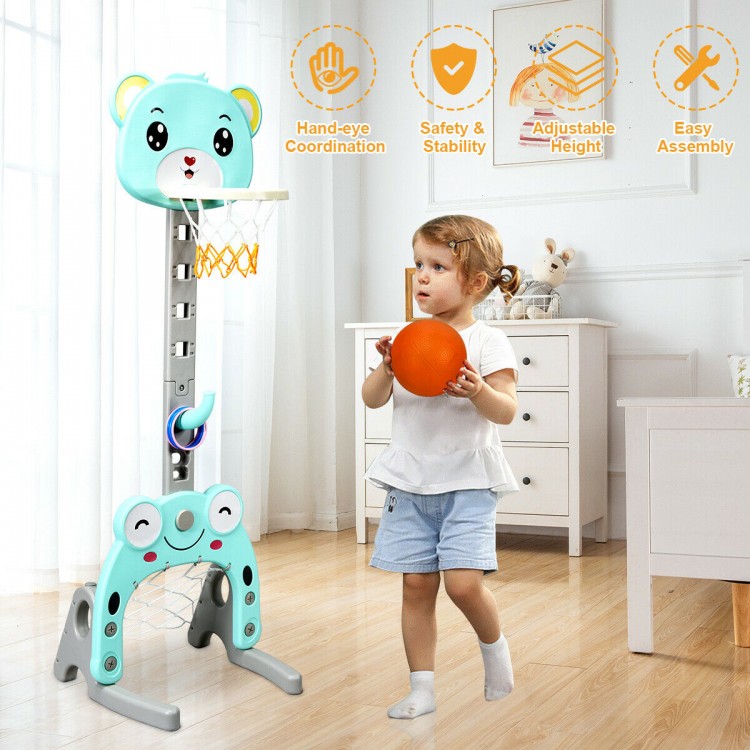 Adjustable kids' 3-in-1 basketball hoop set with cute animal design, promoting coordination and teamwork in a playful.