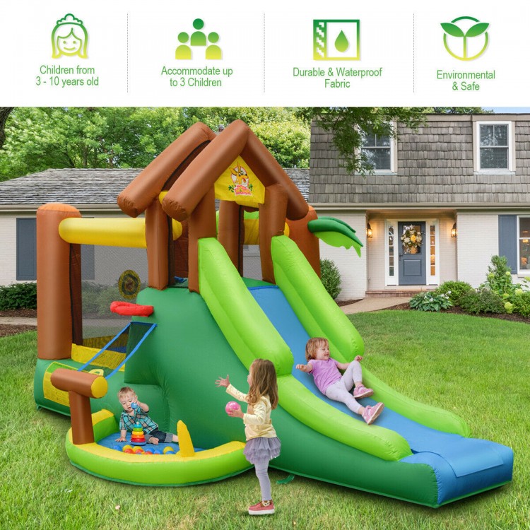Kids inflatable jungle bounce house with slide and climbing wall, made of durable PVC fabric, for outdoor fun.