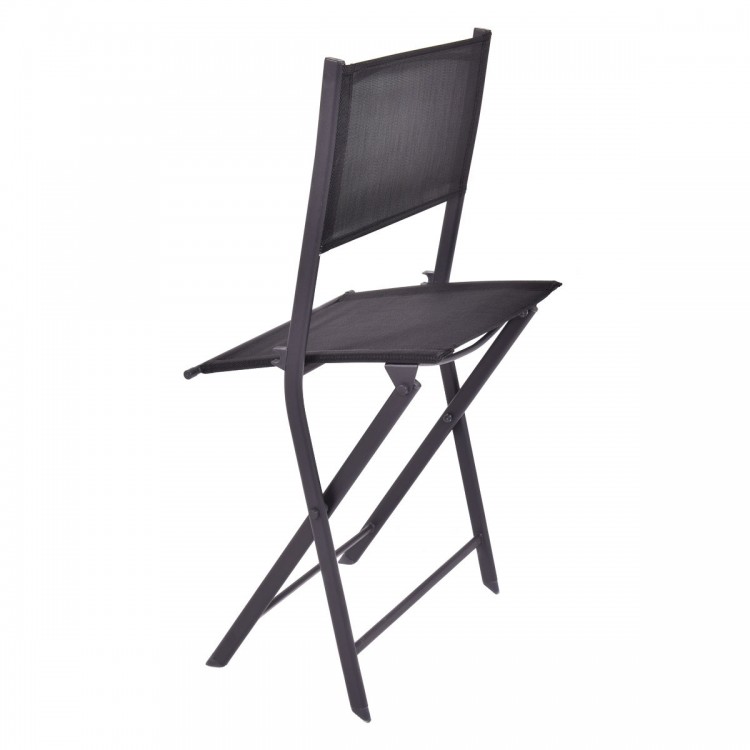 Black folding textilene chair with steel frame, ideal for outdoor camping and gatherings, shown from the back.