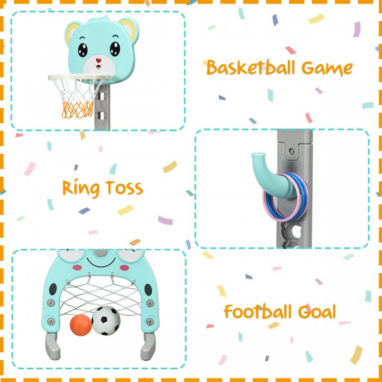 Adjustable kids' 3-in-1 basketball hoop set with animal-shaped backboard for basketball, football, and ring toss games.