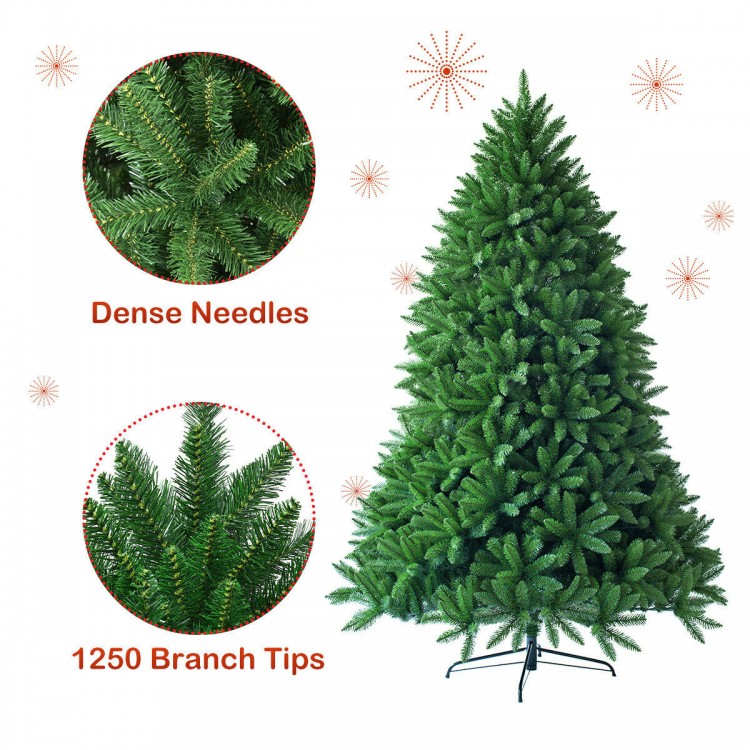 6-foot unlit artificial Christmas tree with 1250 branch tips, featuring dense PVC needles and a sturdy iron base for.