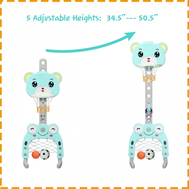 Adjustable kids' 3-in-1 basketball hoop set with cute animal design, featuring 5 height options for versatile play.