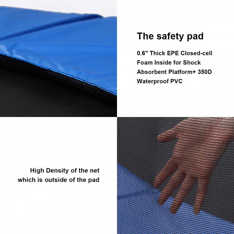 Close-up of the trampoline safety pad featuring 0.6" thick EPE foam and high-density net for added protection.