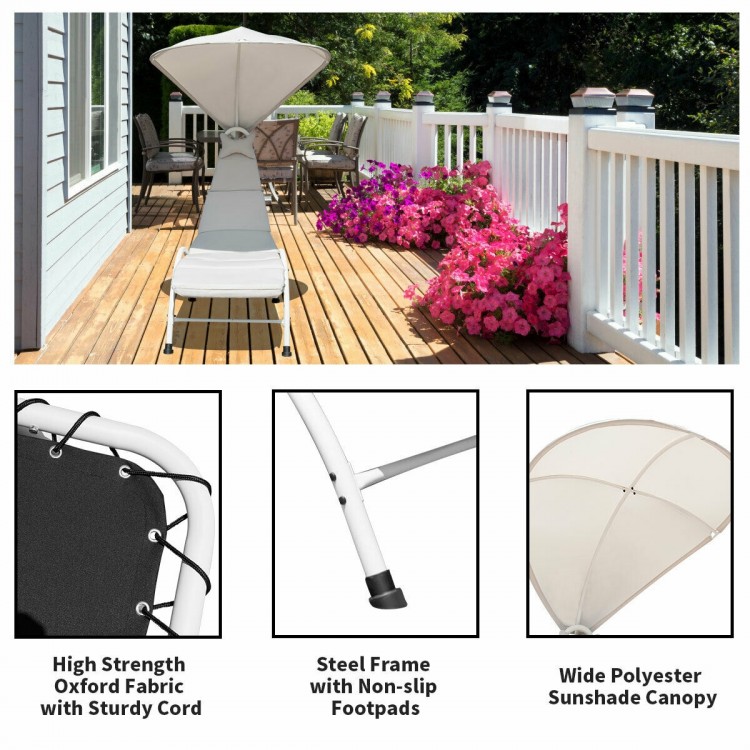 Chaise lounge chair with wide canopy in beige, featuring a sturdy steel frame and soft cushion for outdoor relaxation.