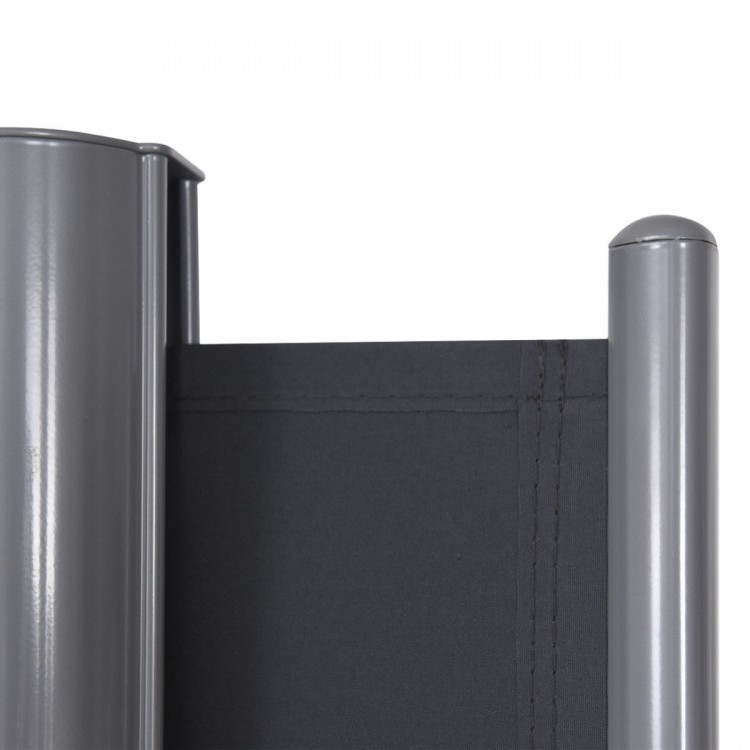 Top view of the patio retractable double folding side awning screen divider, showcasing its sleek aluminum frame and.