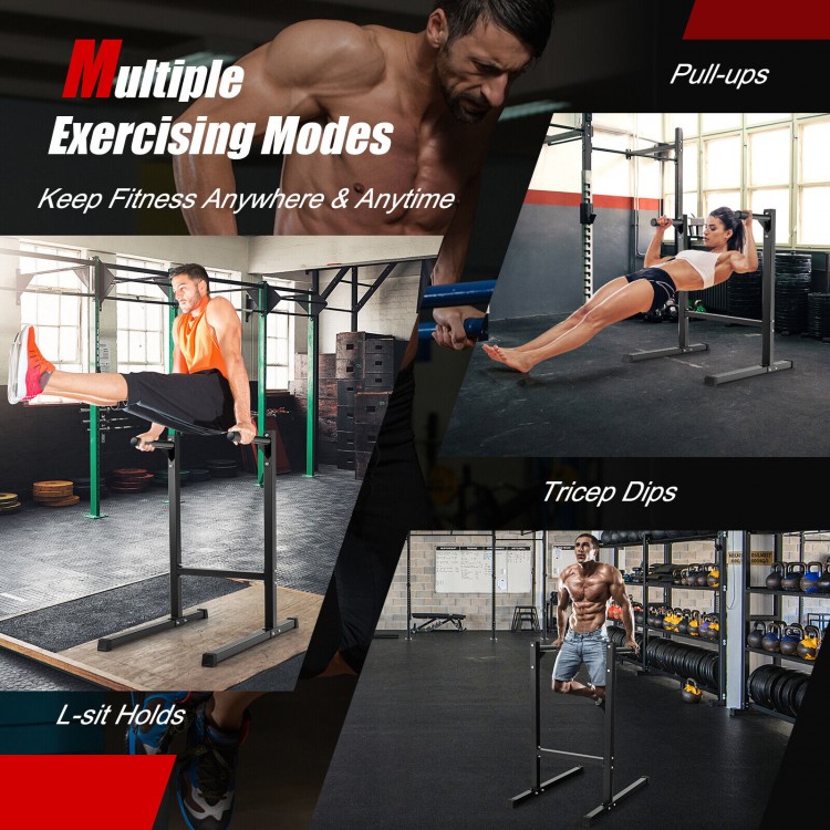 Multifunctional dip stand with foam handles, ideal for pull-ups, tricep dips, and L-sit holds in home gym settings.