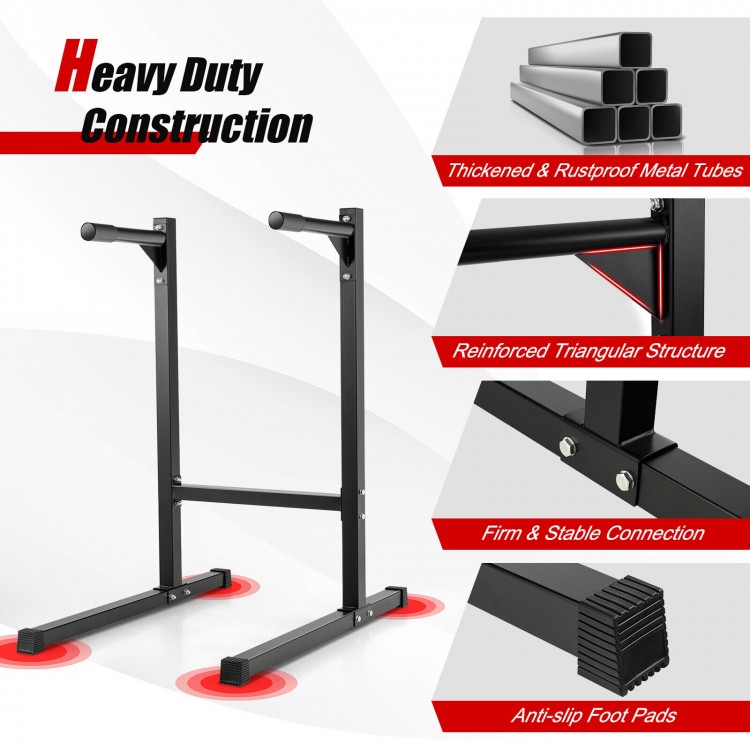 Multifunctional dip stand with foam handles, thick metal frame, non-slip foot pads, ideal for home gym workouts.