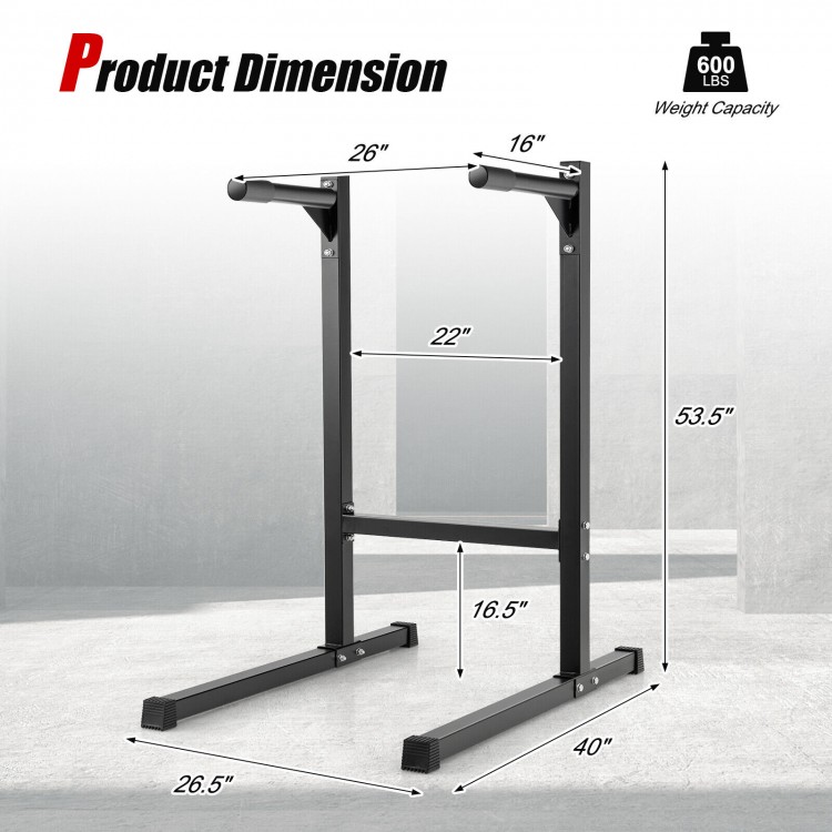 Multifunctional dip stand with foam handles, 600 lbs capacity, ideal for home gym exercises like dips and pull-ups.