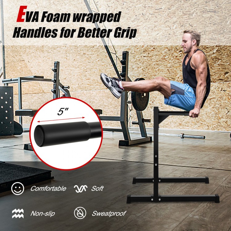 Multifunctional dip stand with foam handles, featuring a sturdy metal frame for home gym workouts and stability.