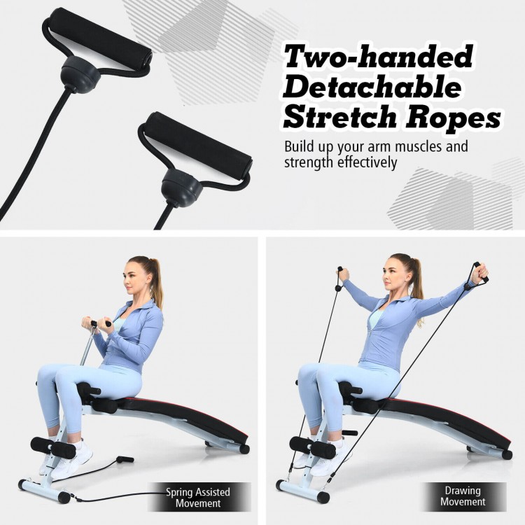 Two-handed detachable stretch ropes for strength training on a multifunction folding gym bench, ideal for full-body.