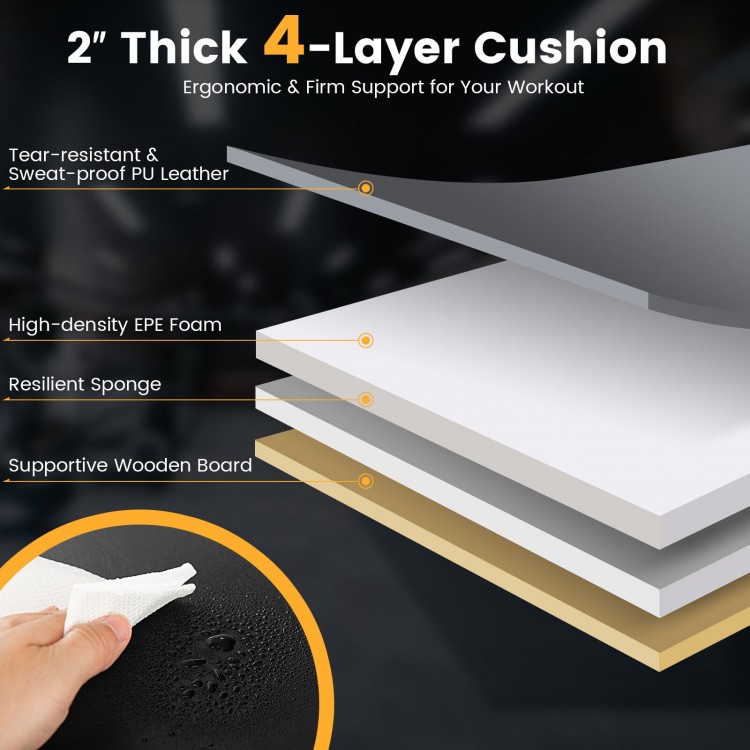 4-layer cushion detail of the Flat Weight Bench, featuring sweat-proof PU leather and high-density EPE foam for comfort.