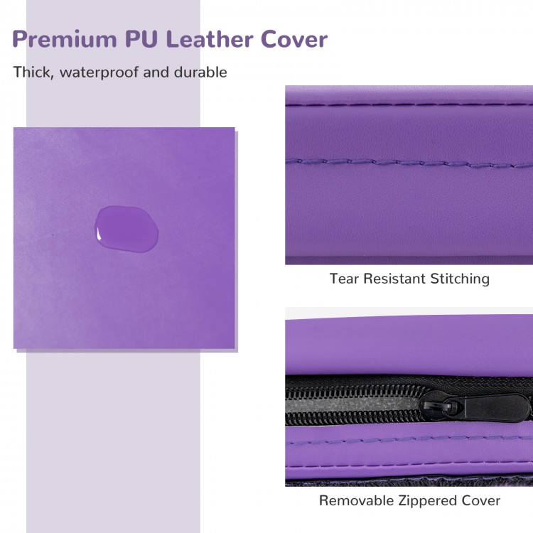 Close-up of the purple PU leather cover of a 6 x 2 feet gymnastic mat, featuring tear-resistant stitching and removable.