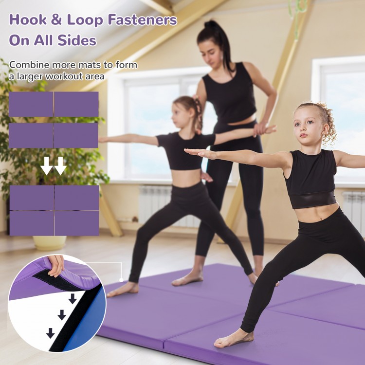 Purple 6 x 2 feet gymnastic mat with carrying handles, ideal for yoga and exercise, featuring hook and loop fasteners.