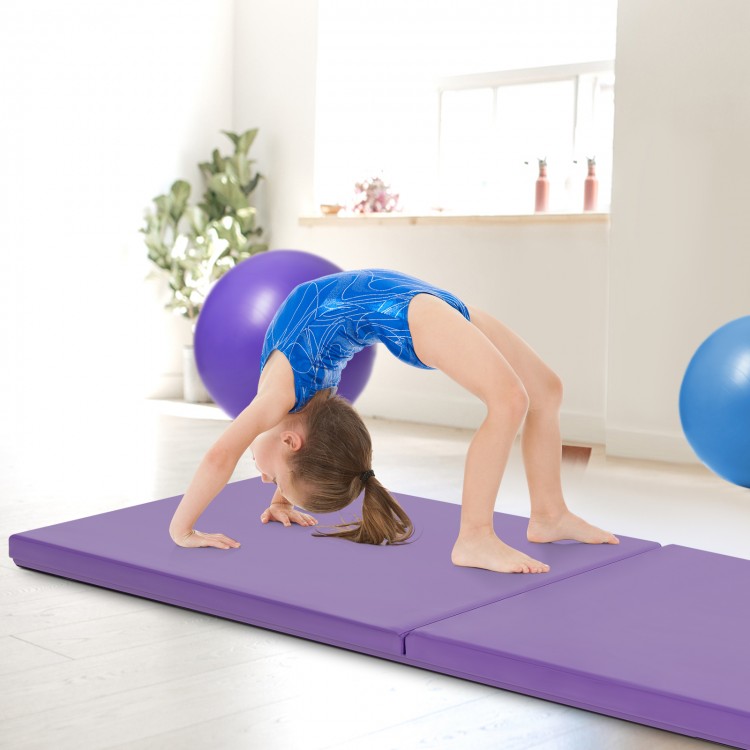 Purple 6 x 2 feet gymnastic mat with carrying handles, ideal for yoga and exercise, shown in use by a child.