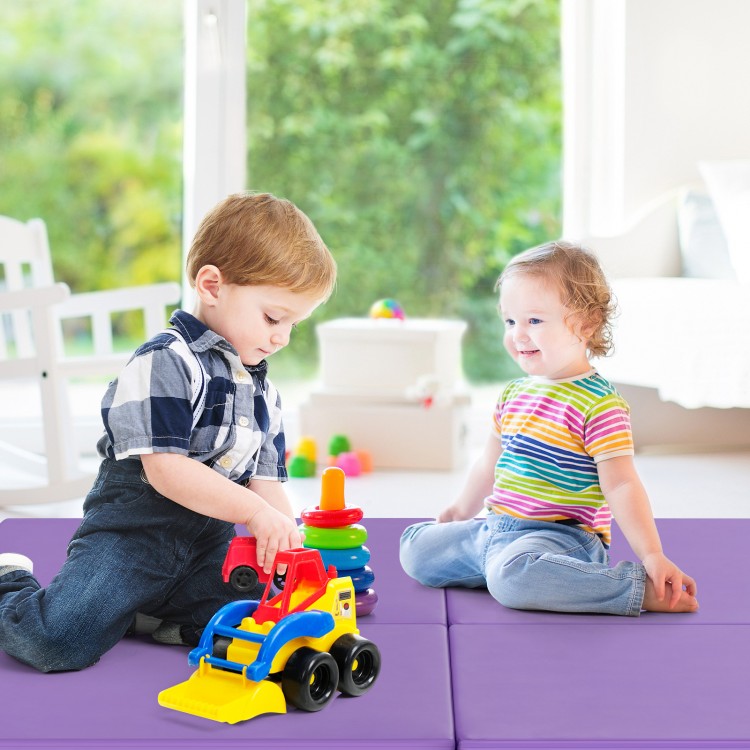 Children playing on a purple 6 x 2 feet gymnastic mat, ideal for yoga and exercise, featuring a non-toxic, waterproof.