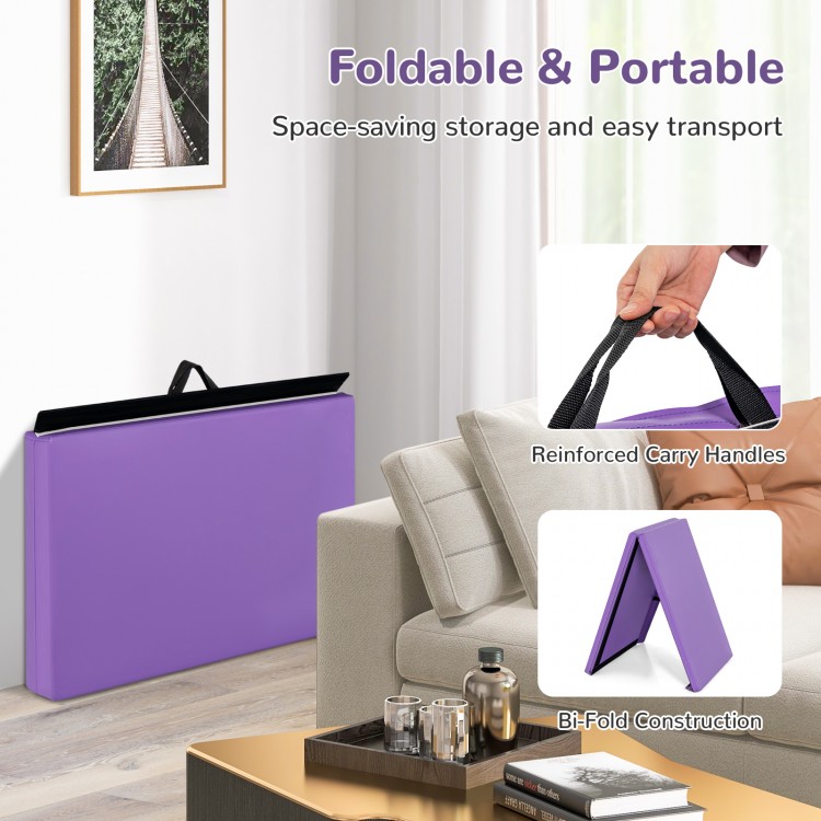 Purple 6 x 2 feet gymnastic mat with carrying handles, foldable design for easy storage and transport, ideal for yoga.