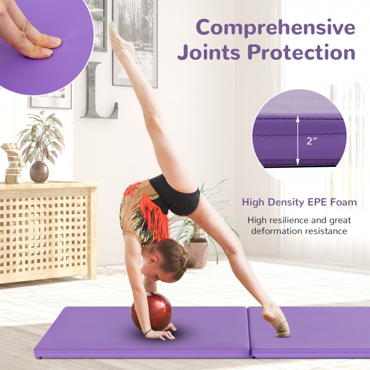 Purple 6 x 2 feet gymnastic mat with high-density EPE foam, ideal for yoga and exercise, featuring carrying handles.