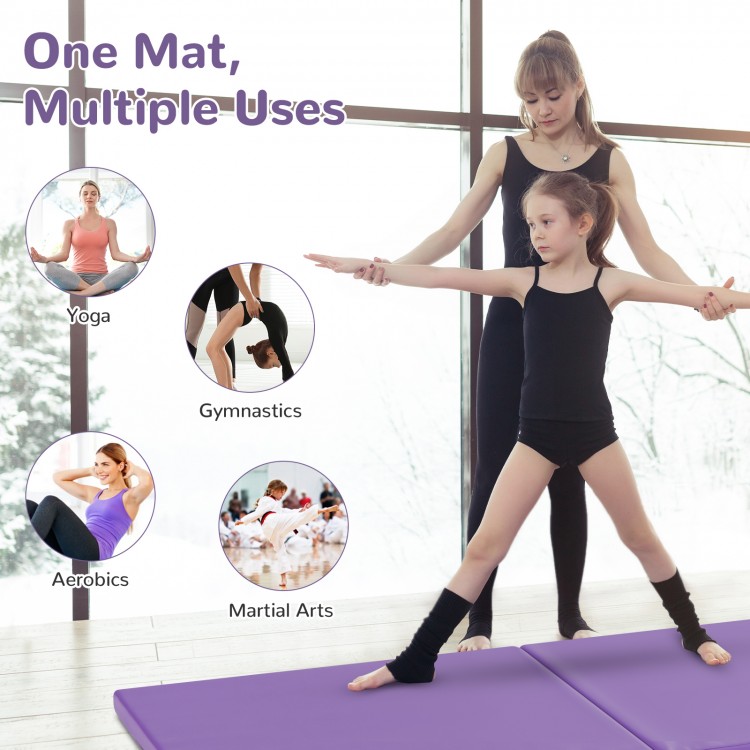 Purple 6 x 2 feet gymnastic mat with carrying handles, ideal for yoga, gymnastics, and aerobics, featuring a foldable.