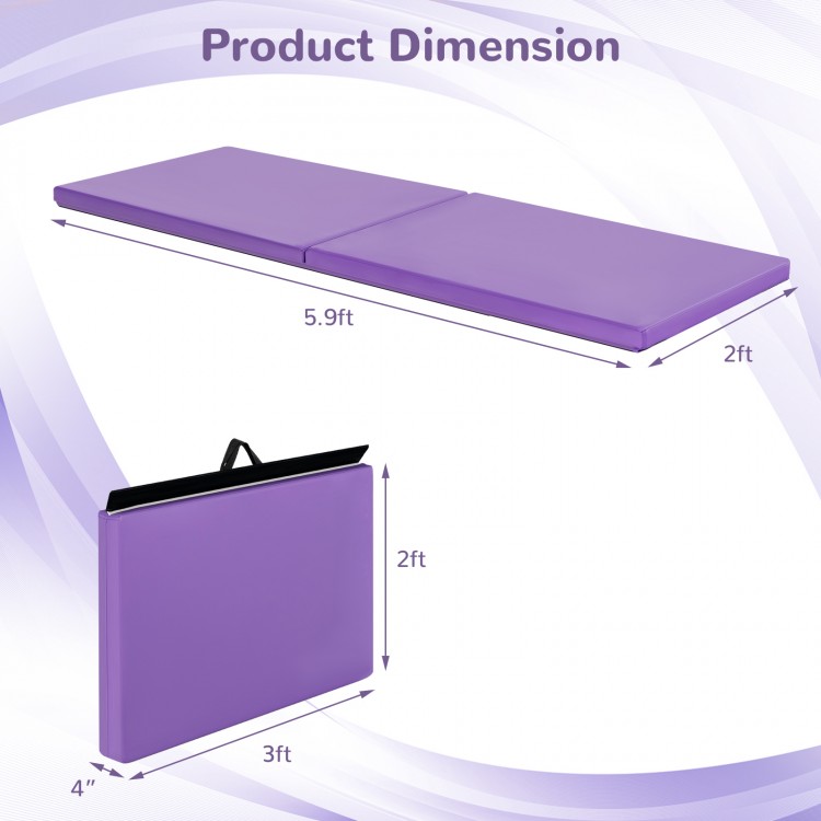 Purple 6 x 2 feet gymnastic mat with carrying handles, foldable design for easy storage and transport.